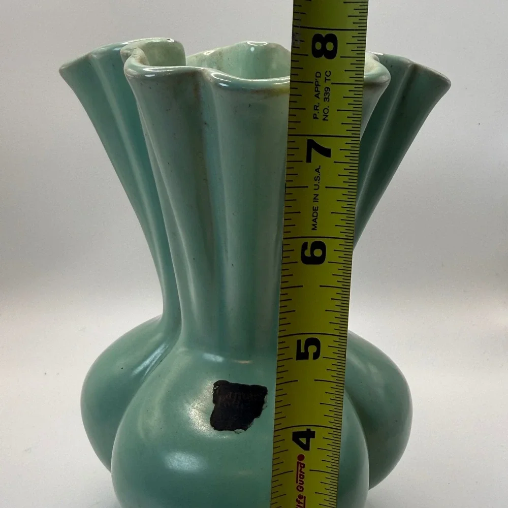 Vintage Camark Pottery Seafoam Green Ruffled Vase Lobed Base Mid Century MCM
